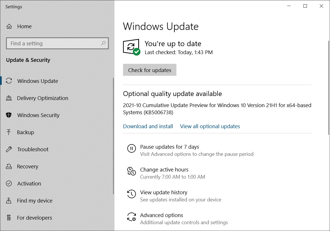 Windows Update offering the optional KB5006738 update