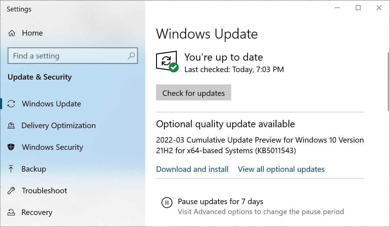 Vista previa de la actualización acumulativa de Windows 10 KB5011543