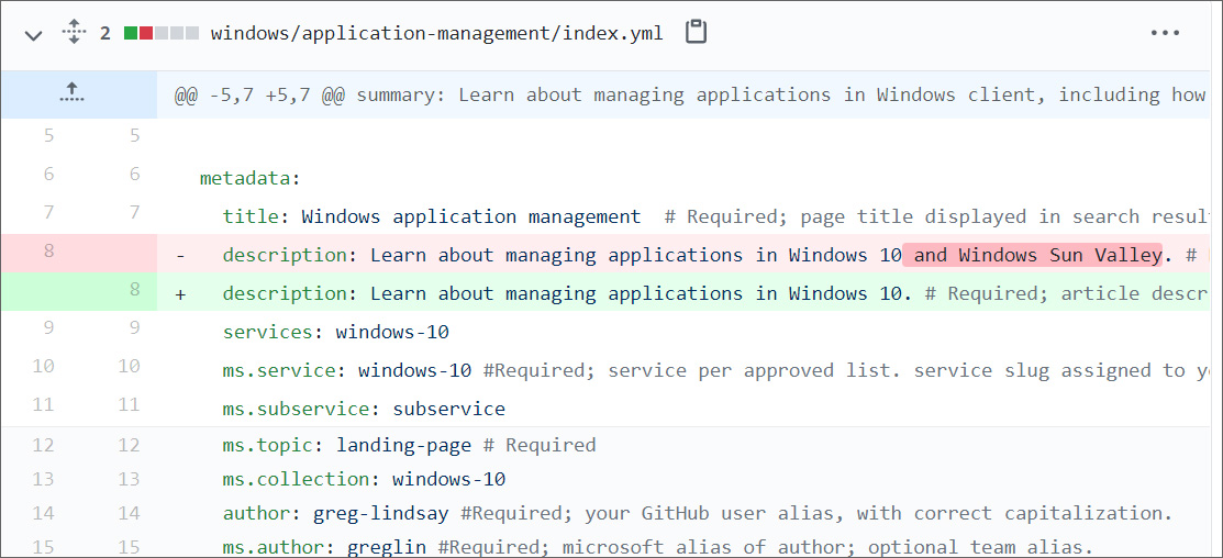 GitHub commit showing the removed reference to Windows Sun Valley