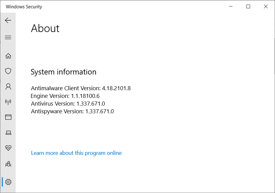 Checking the version of Windows Defender