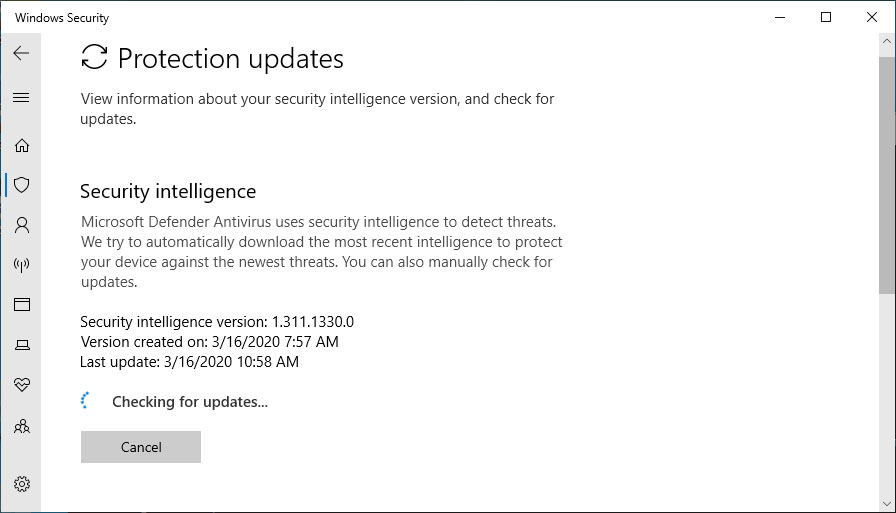 Checking for Windows Defender updates