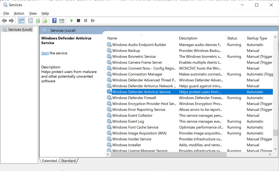 Terminated Windows Defender Antivirus Service service