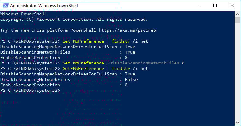 Before and after the Set-MpPreference command