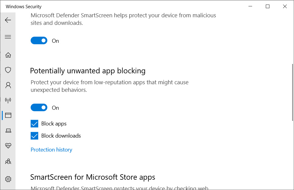 Windows Security Potentially unwanted app blocking setting