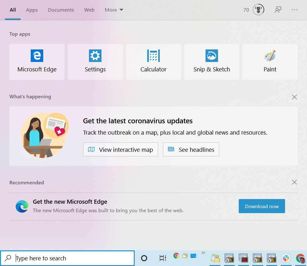 New Coronavirus section in Windows Search