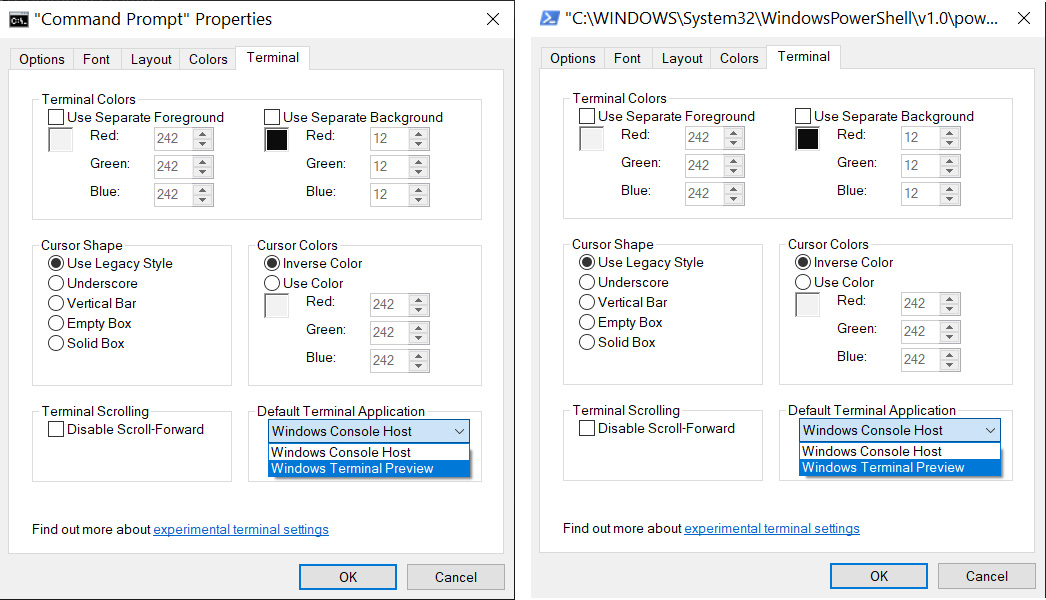 Default Terminal Application selection in the console properties