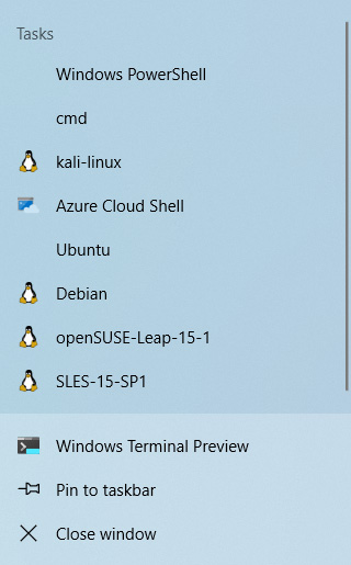 Windows Terminal jump list