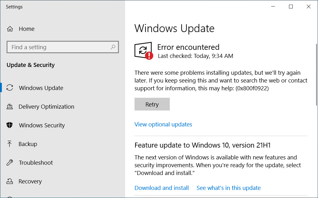 Windows Update failing with an 0x800f0922 error