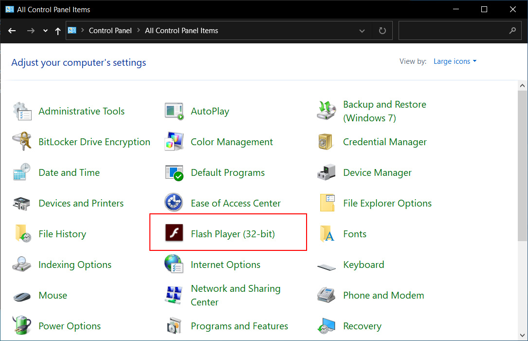 32-bit Flash shown in Windows 10 Control Panel