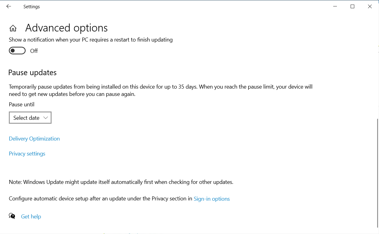 Windows 10 2004 Advanced options settings