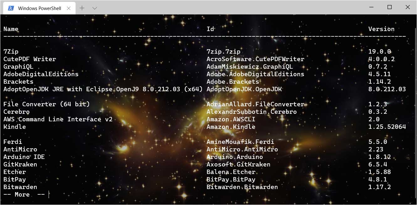 Using winget to list all packages