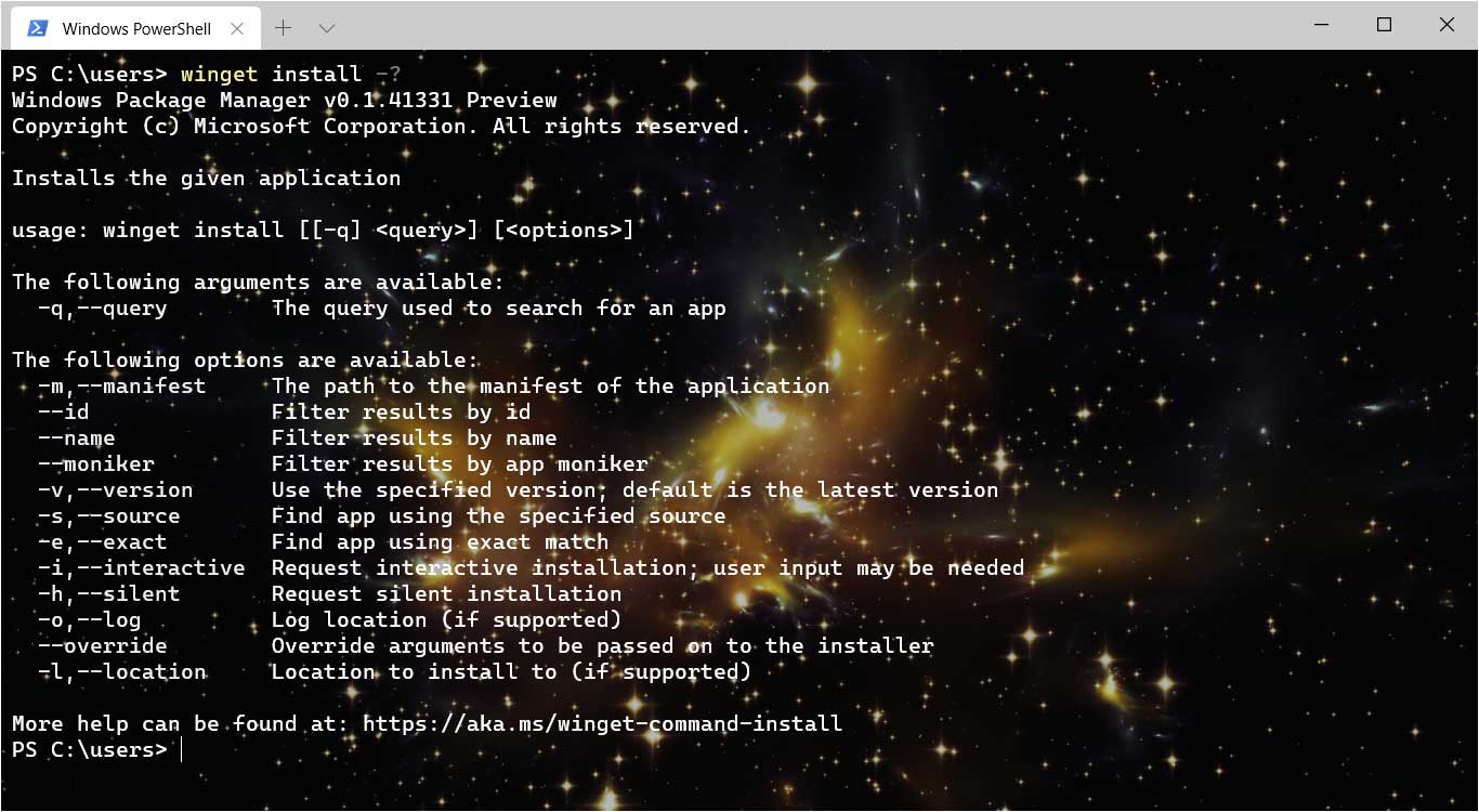Winget install help screen