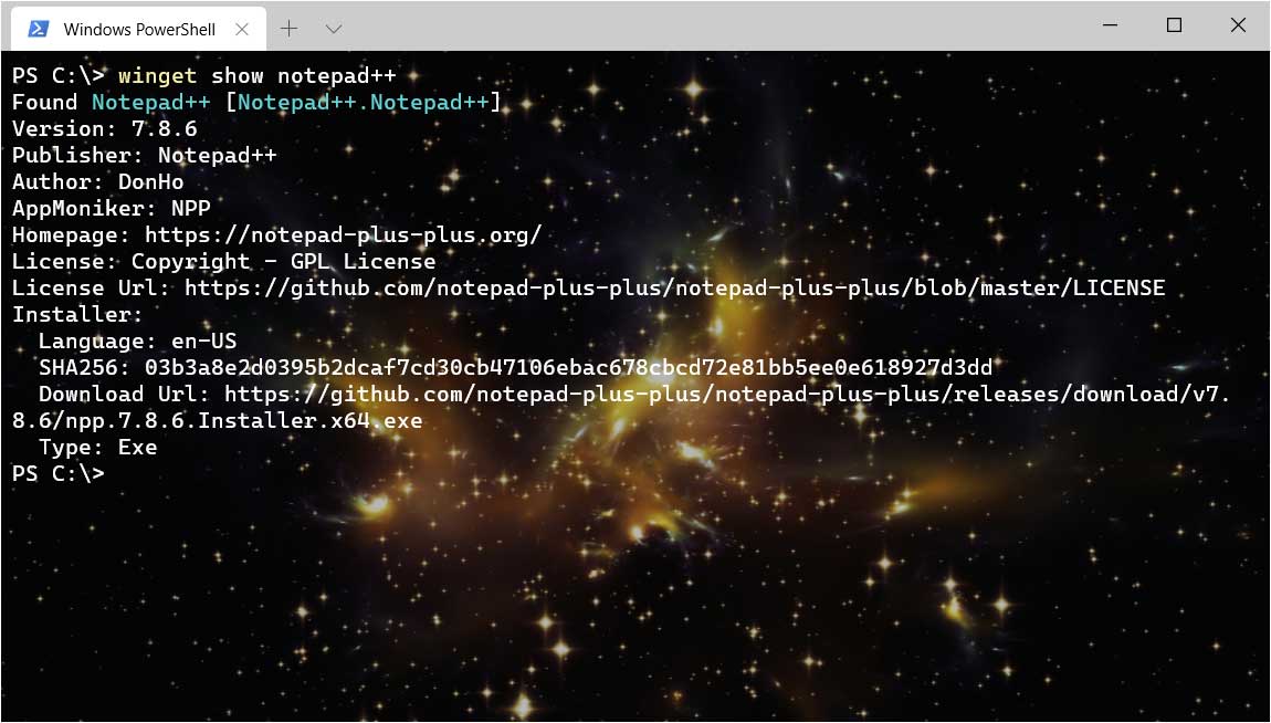 Using winget show command