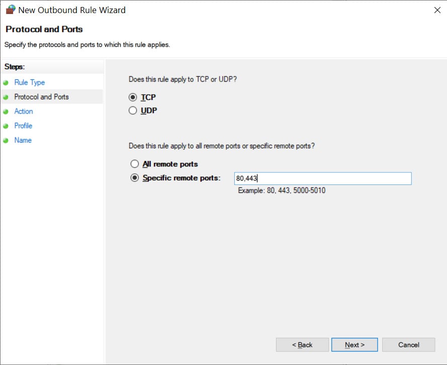 Windows Firewall rule to block outbound web connections