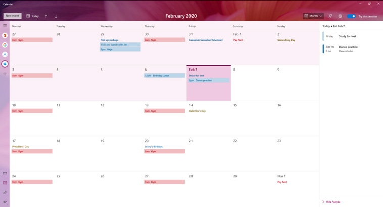 Windows 10 Calendar Preview