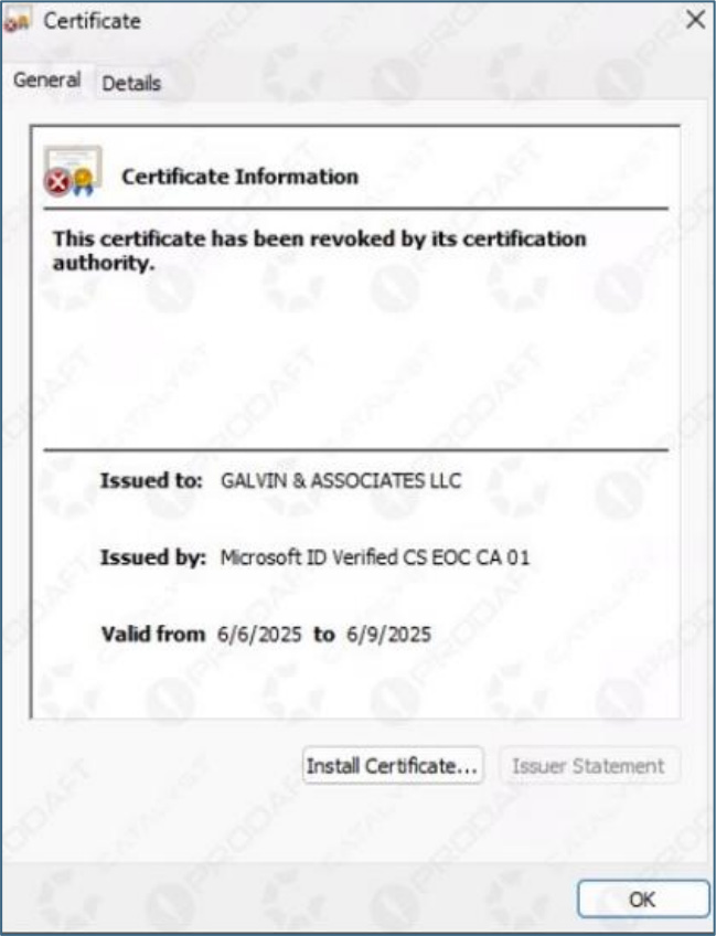 Certificate used to sign Oyster malware installers