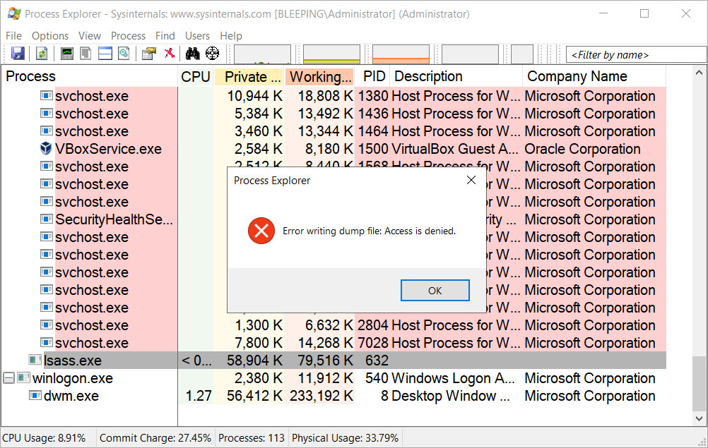 ASR rule preventing Process Explorer from dumping the LSASS process