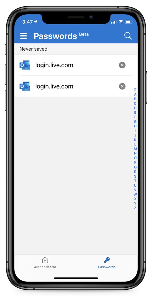 Microsoft Authenticator passwords section