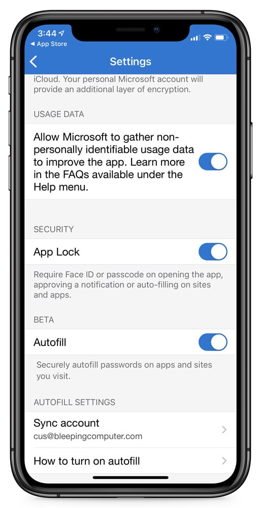 Microsoft Authenticator settings
