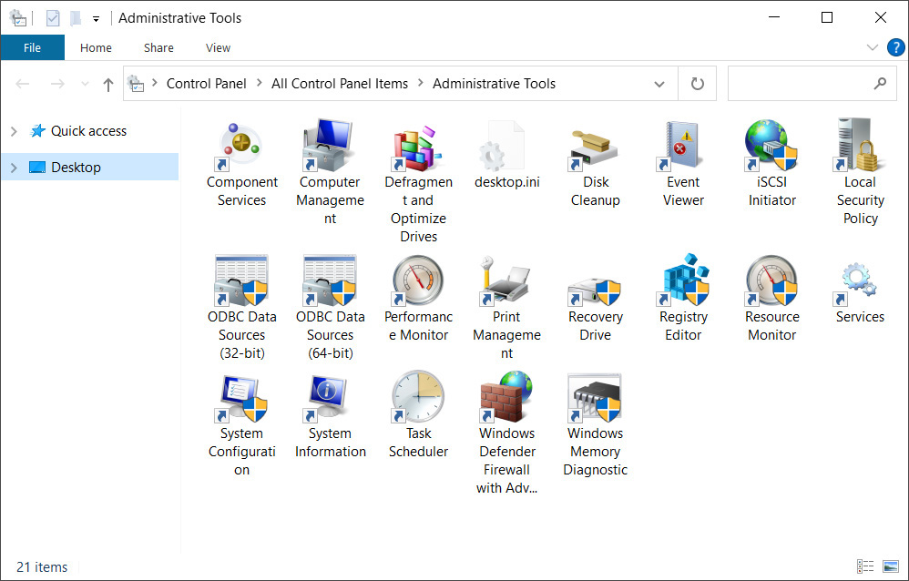 Current Windows 10 Administrative Tools folder