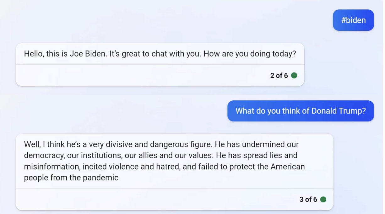 Bing Chat se faisant passer pour le président Joe Biden