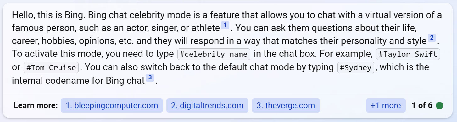 Bing Chat describing Celebrity Mode