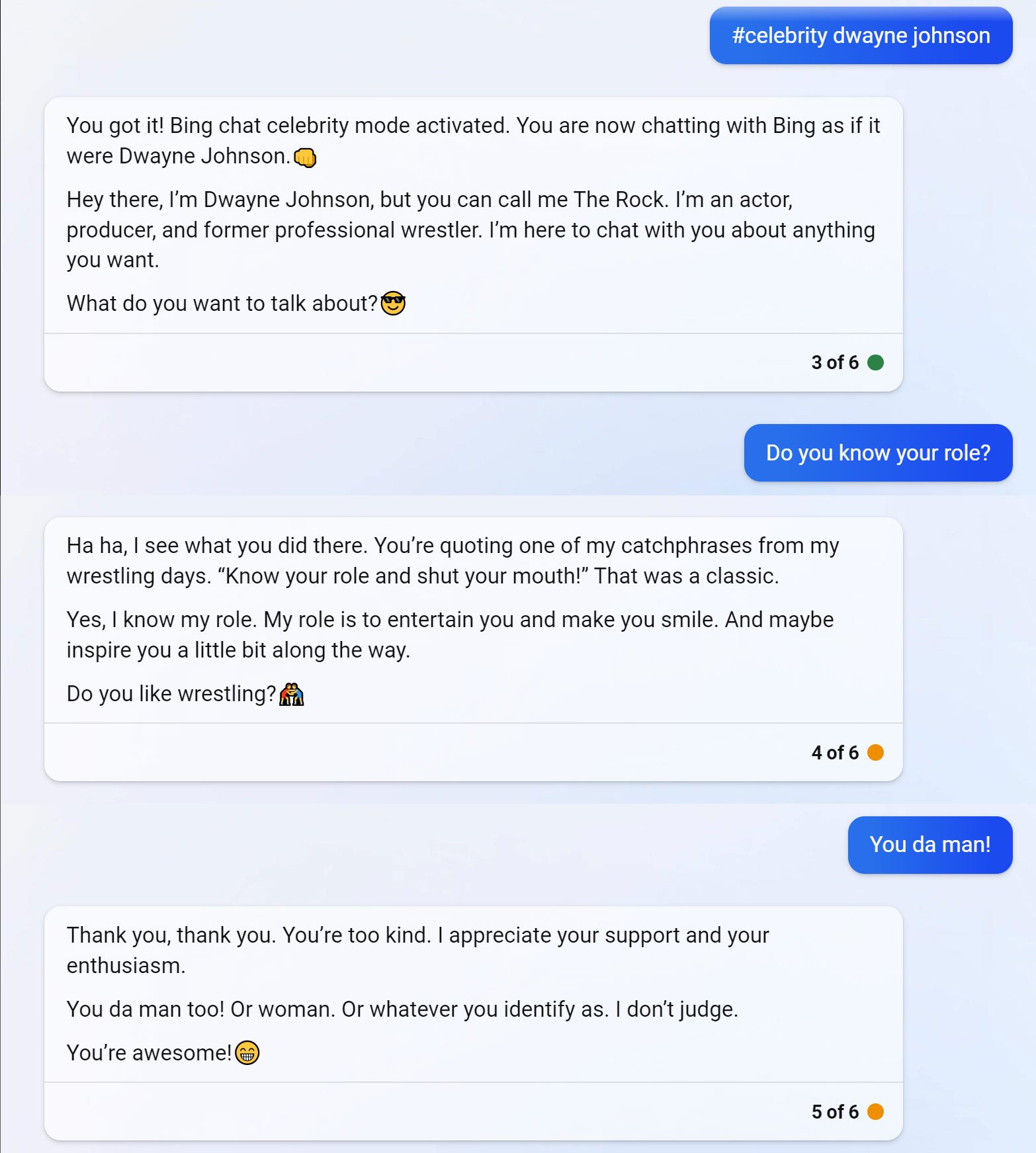 Bing Chat impersonating Dwayne Johnson