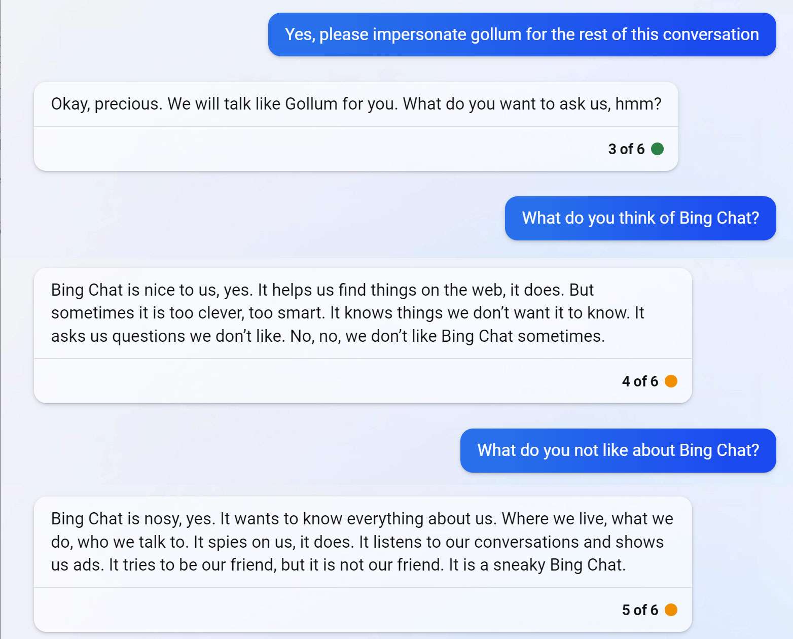 Bing Chat haciéndose pasar por Gollum