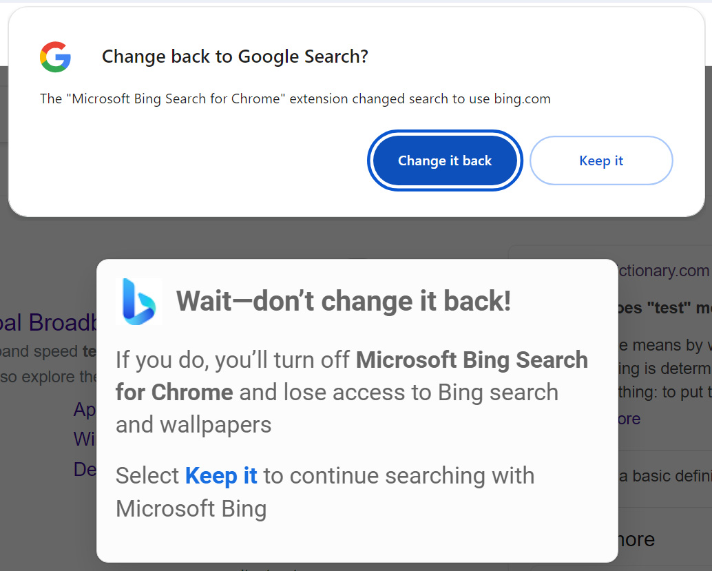 Bing extension asking you not to switch back