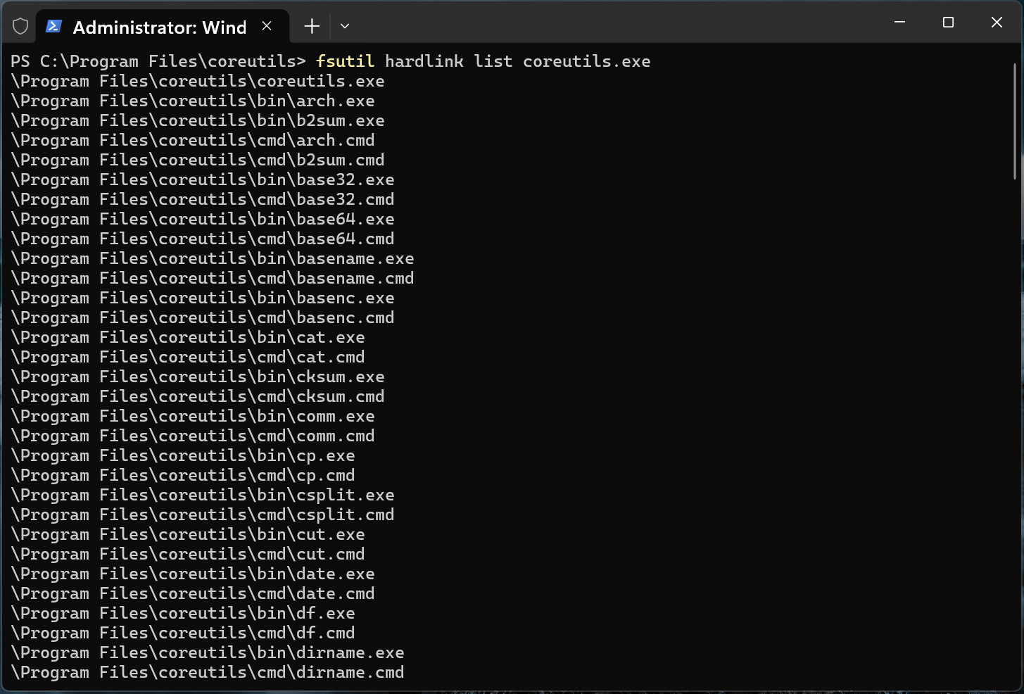 Coreutils using NTFS hardlinks to map commands to binary