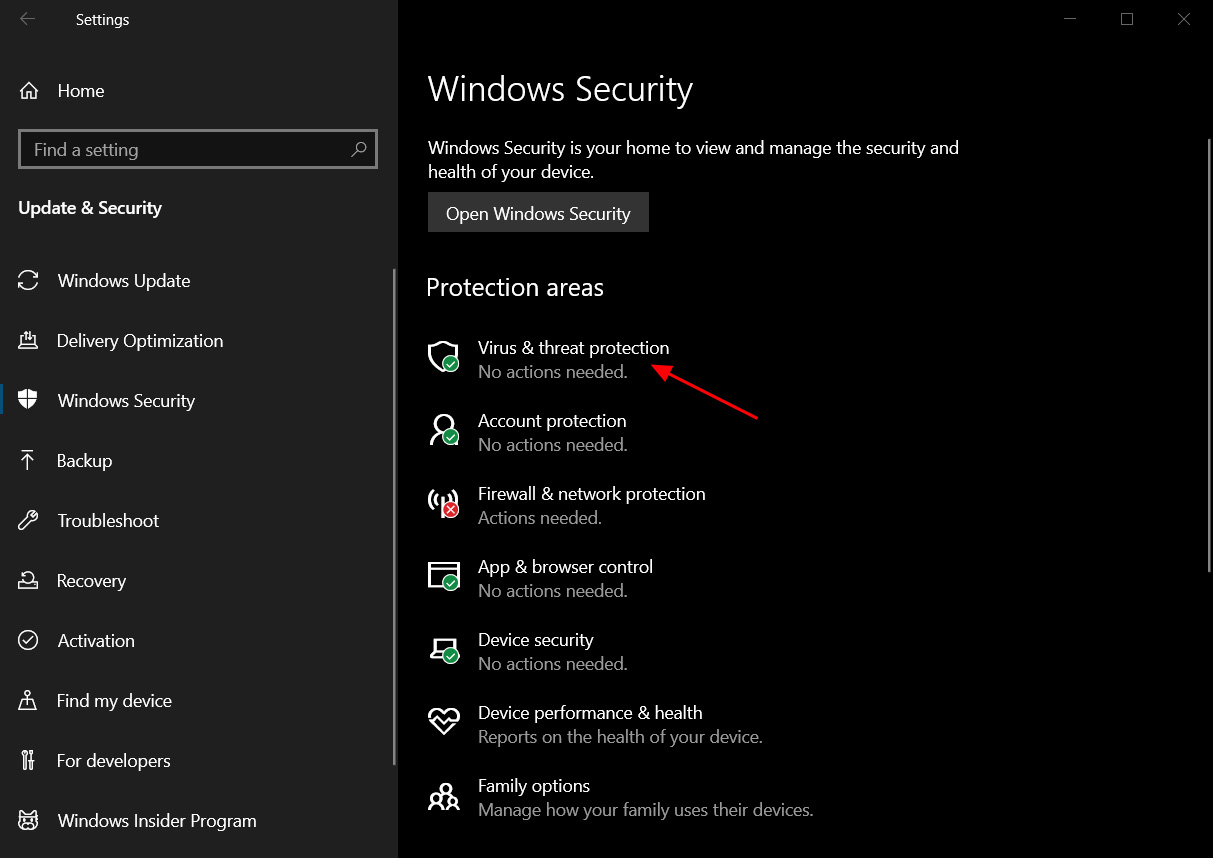 The Windows Security settings screen