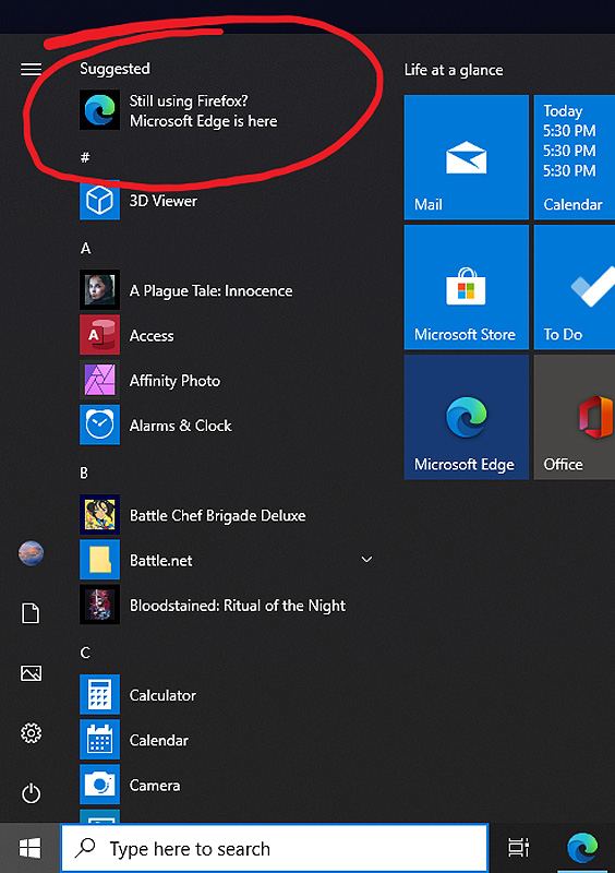 Windows 10 Start Menu alert targeting Firefox users