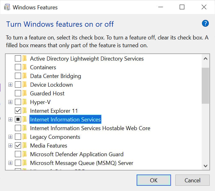 Install IIS through the Windows Features control panel