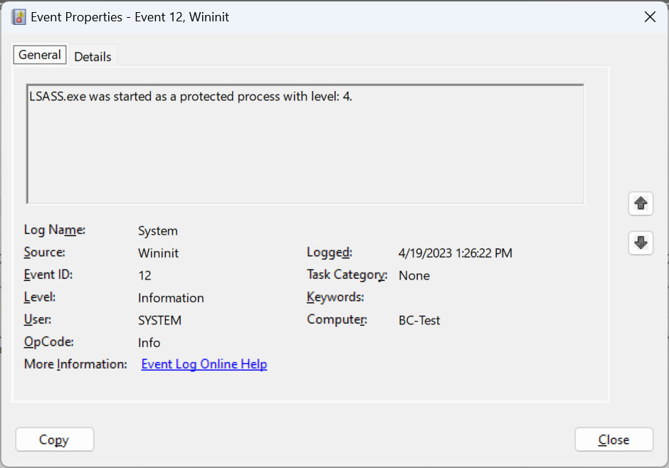 Windows Event Viewer showing LSA Protection is enabled