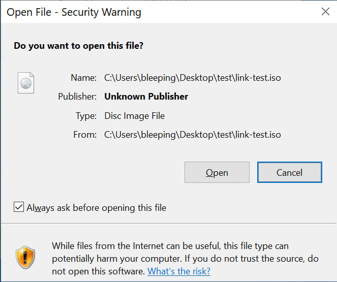 Peringatan keamanan Windows saat membuka file dengan bendera MoTW