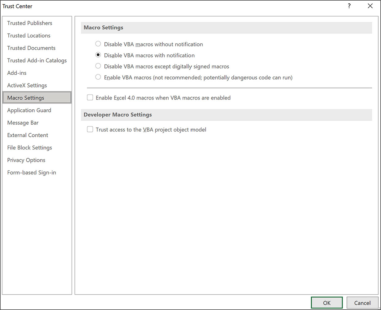 Enable XLM macros when VBA macros are enabled in Excel Trust Center