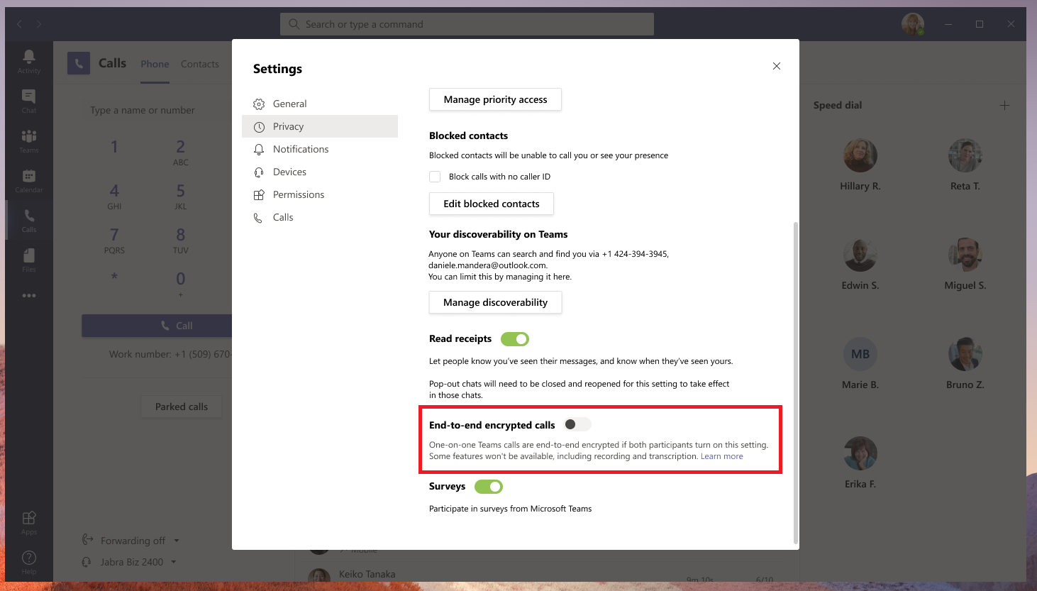Microsoft Teams End-to-end encrypted calls setting