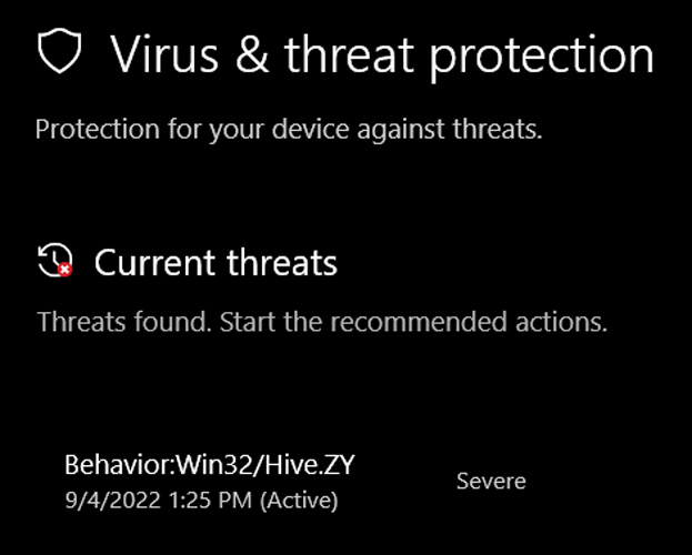 Microsoft Defender a détecté une erreur Win32 / Hive.ZY