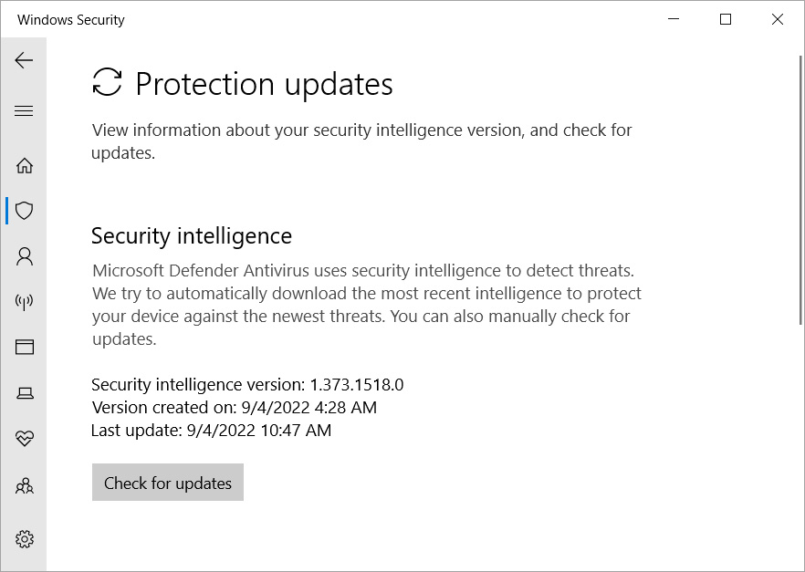 Currently installed version of Microsoft Defender security intelligence