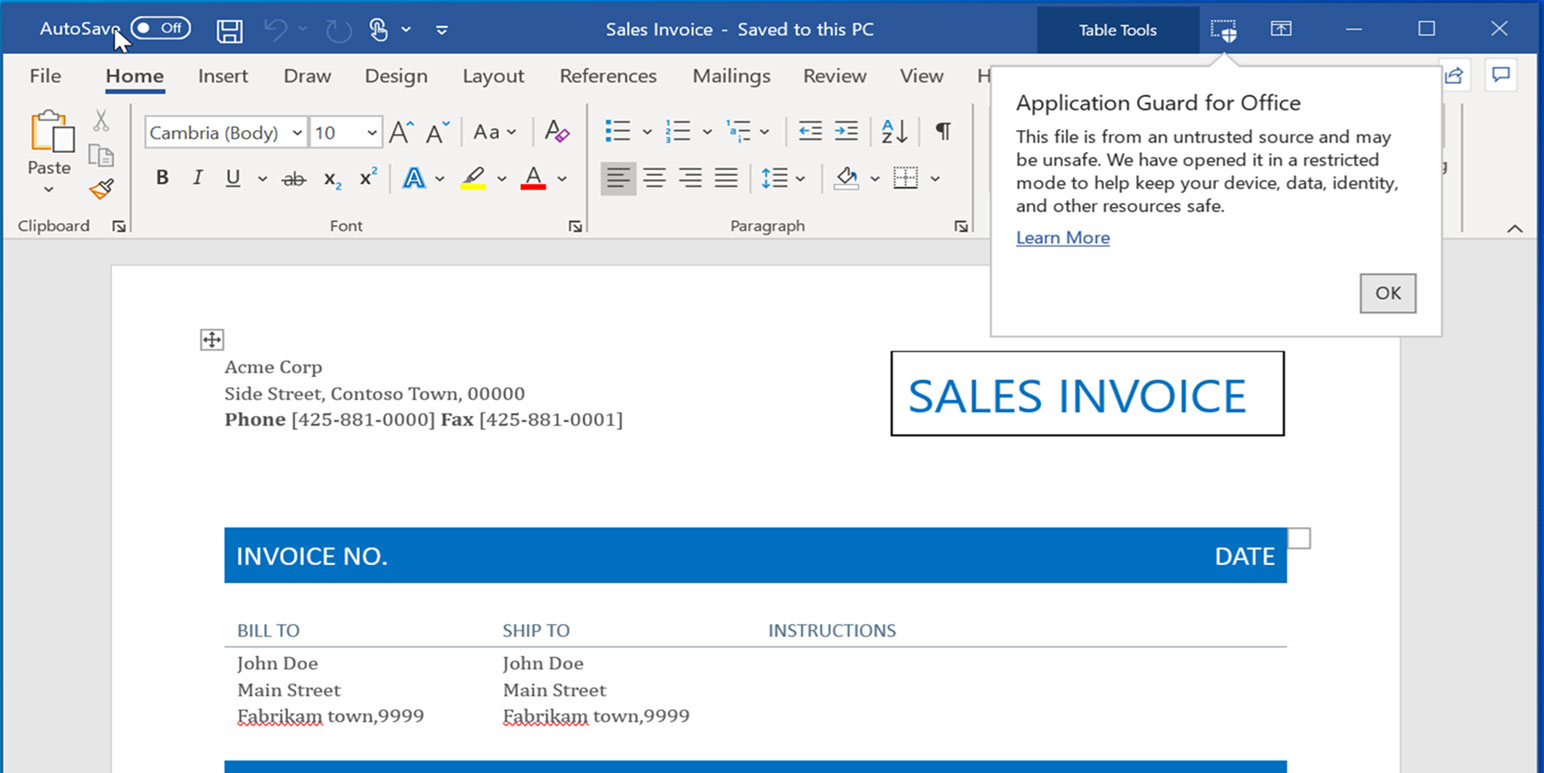 Microsoft Office Application Guard indicator