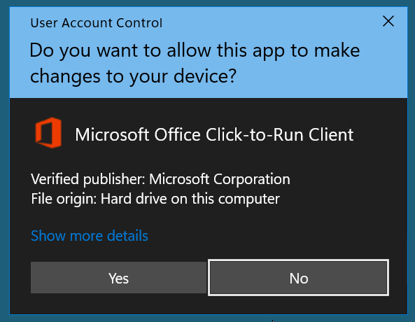 Microsoft Office UAC prompt