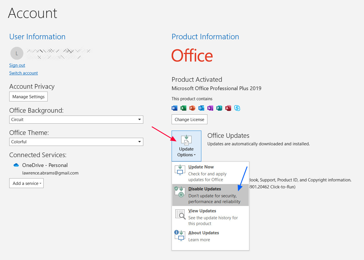 Disabling updates in Microsoft Outlook