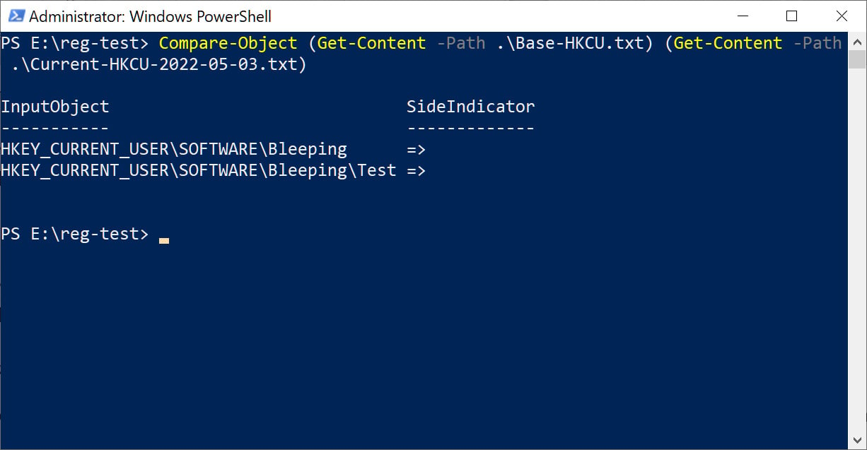 Comparing the base and current Registry snapshots