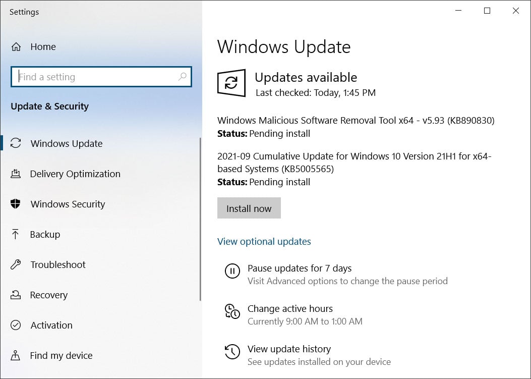 Windows Update offering today's updates