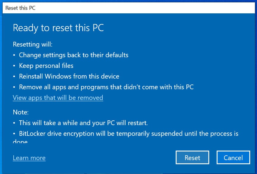 can t reset pc