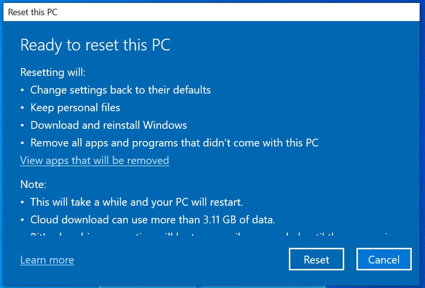 what does reset pc do windows 10