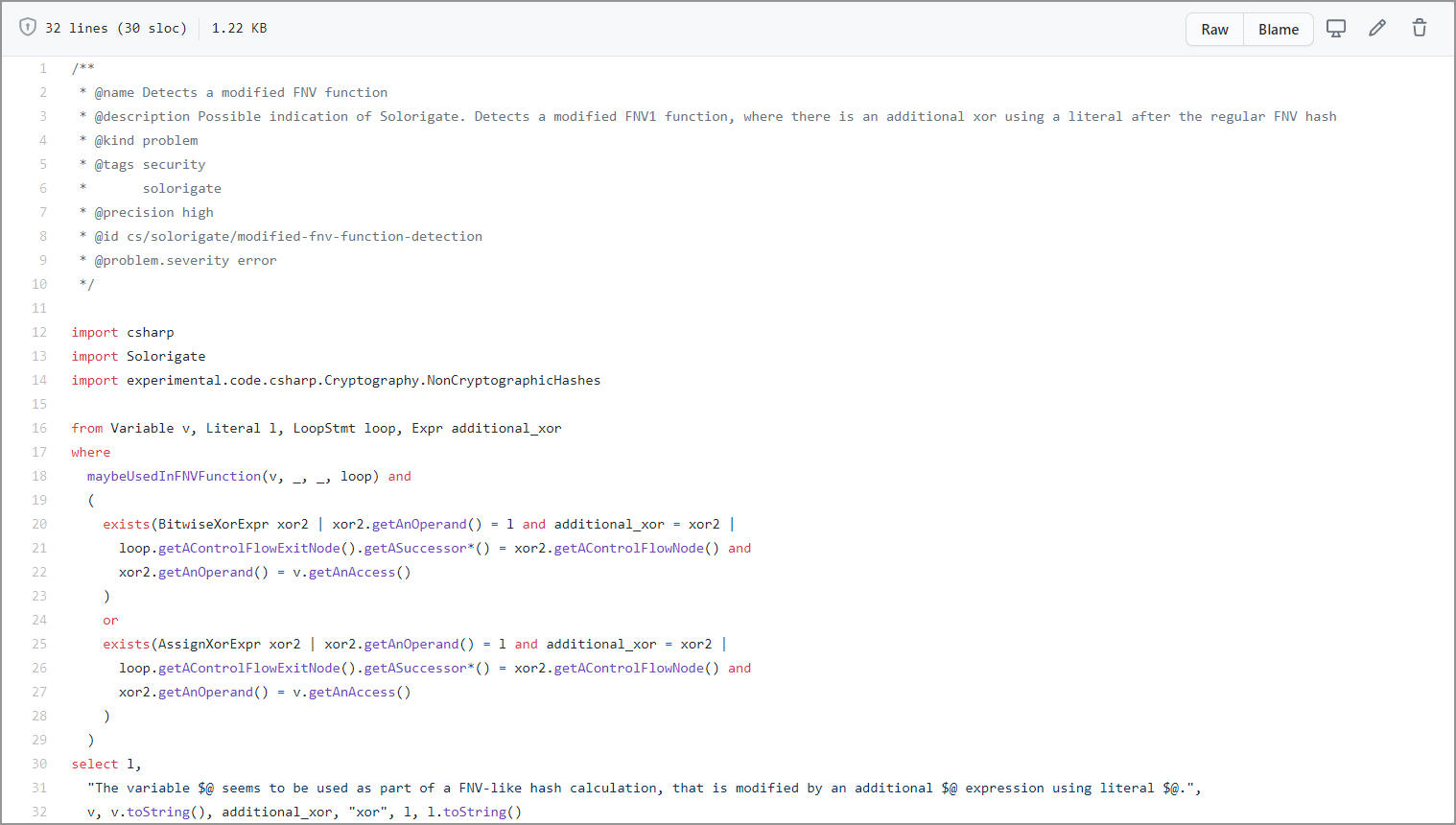 CodeQL query to find modified FNV-A1 hash function