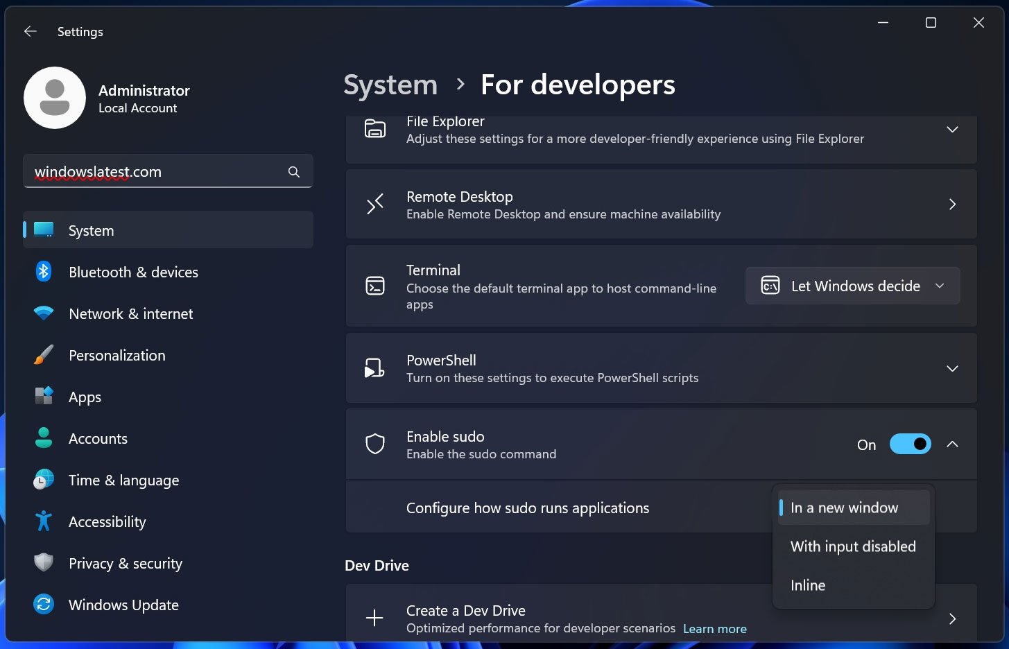 New sudo settings successful Windows Server 2025 preview build