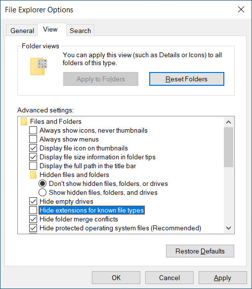 Uncheck hide extensions option